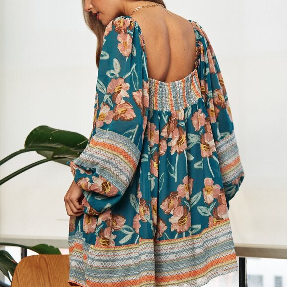 Davi & Dani Floral Print Ruffle Detail Long Sleeve Mini Dress - NWT - Size M - Picture 2 of 5